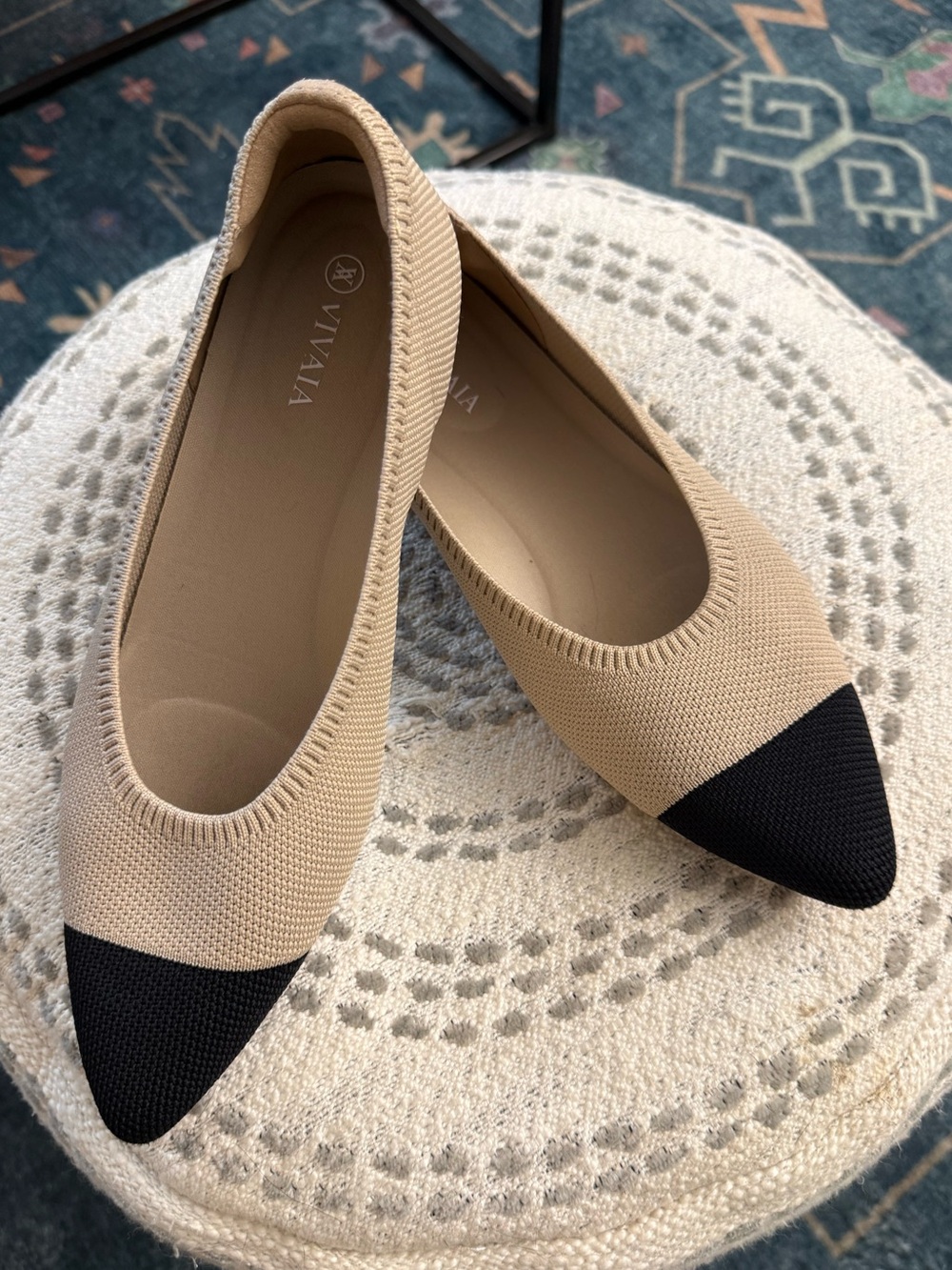 VIVAIA Beige and Black Pointed Knit Ballet Flats